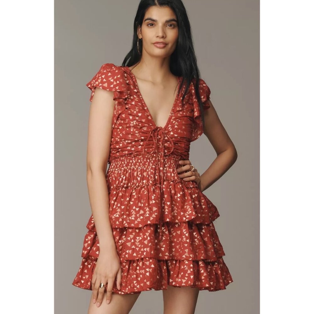 NWT Anthropologie Short-Sleeve Ruffled Mini Dress Garnet
